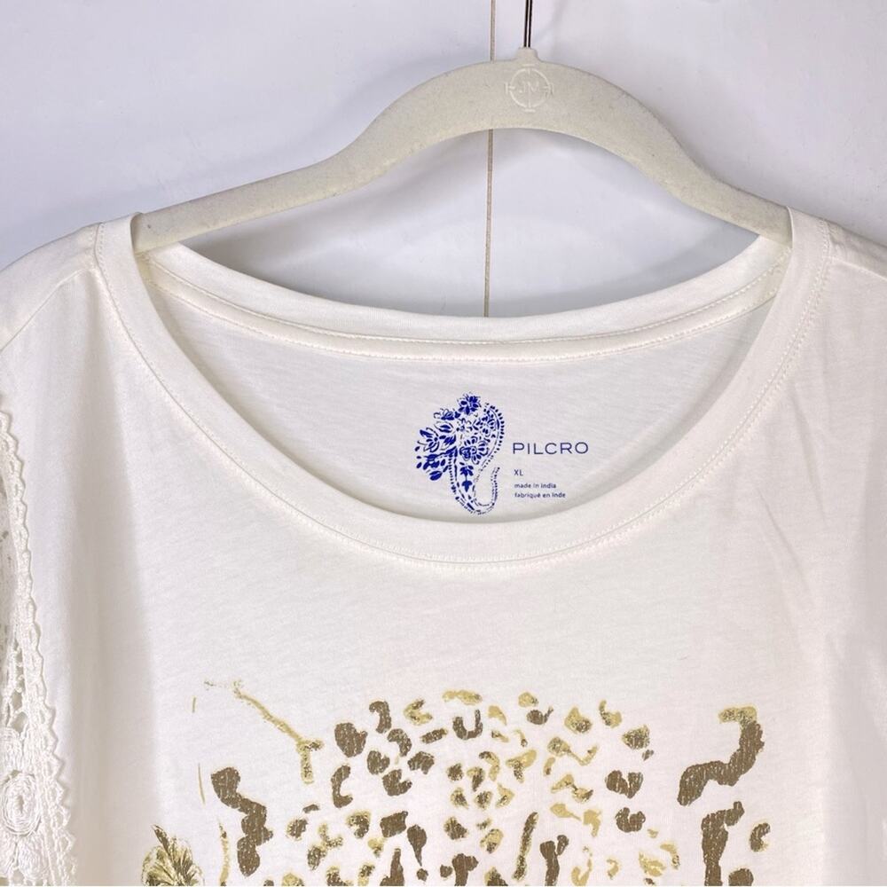 Pilcro Leopard Print Graphic Tee Crochet Details Crew Neck Short Sleeves Size XL - Picture 7 of 14